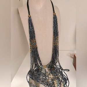 - Maasai African Bead Waterfall Necklace in turquoise, blues, greens, gold…